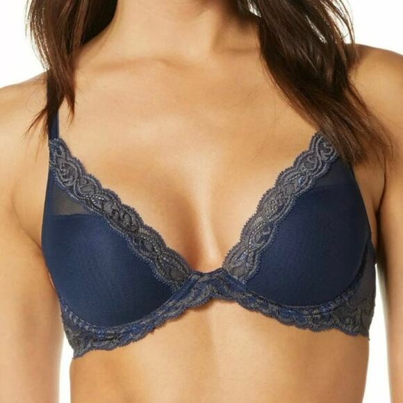 Natori Bra 32DD Feathers Plunge T Shirt Navy Gray Underwire Lace 730023 - Picture 2 of 13